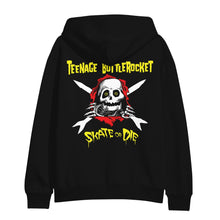 Load image into Gallery viewer, Image of the back of a black zip up sweatshirt against a white background. The back of the hoodie says teenage bottlerocket across the shoulder area in yellow. Below that is an image of a skeleton's face that popped out of a red hole and it has its hands on the edges of it. There are cross arrows in white behind the skeleton. Below this is yellow text that says skate or die.