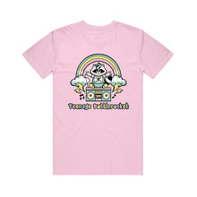 Load image into Gallery viewer, Image of a light pink tshirt against a white background. The center of the shirt has a colorful graphic of a raccoon sitting on top of a boombox. There is a rainbow with clouds at the end of the rainbow, shooting lightning bolts out. This is above the raccoon&#39;s head. Below the boombox in blue, pink, and yellow alternating colors are the words teenage bottlerocket. There are black music notes coming out of the sides of the boombox.
