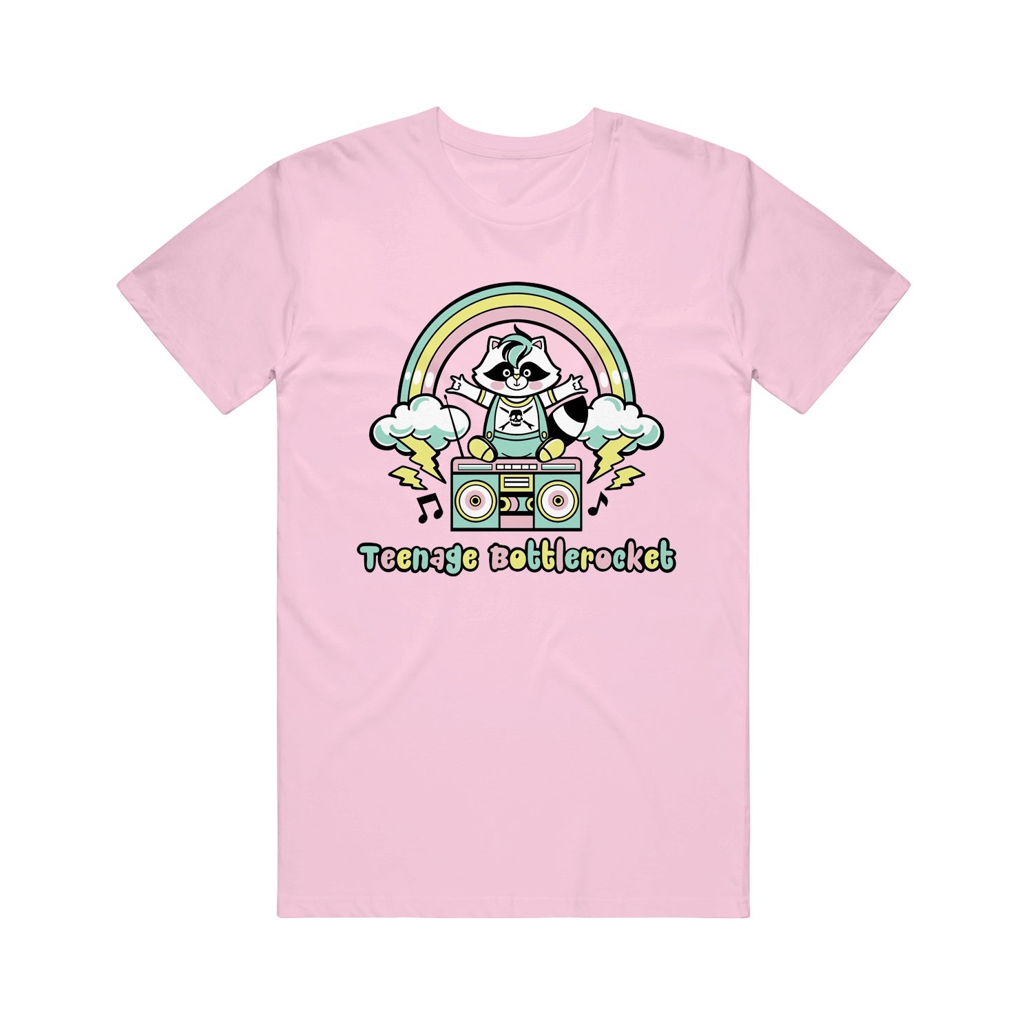 Image of a light pink tshirt against a white background. The center of the shirt has a colorful graphic of a raccoon sitting on top of a boombox. There is a rainbow with clouds at the end of the rainbow, shooting lightning bolts out. This is above the raccoon's head. Below the boombox in blue, pink, and yellow alternating colors are the words teenage bottlerocket. There are black music notes coming out of the sides of the boombox.