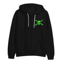 Load image into Gallery viewer, Image of the front of a black hooded sweatshirt against a white background. The front of the sweatshirt has white strings. The left chest has the teenage bottlerocket logo of a skull head with cross arrows. 
