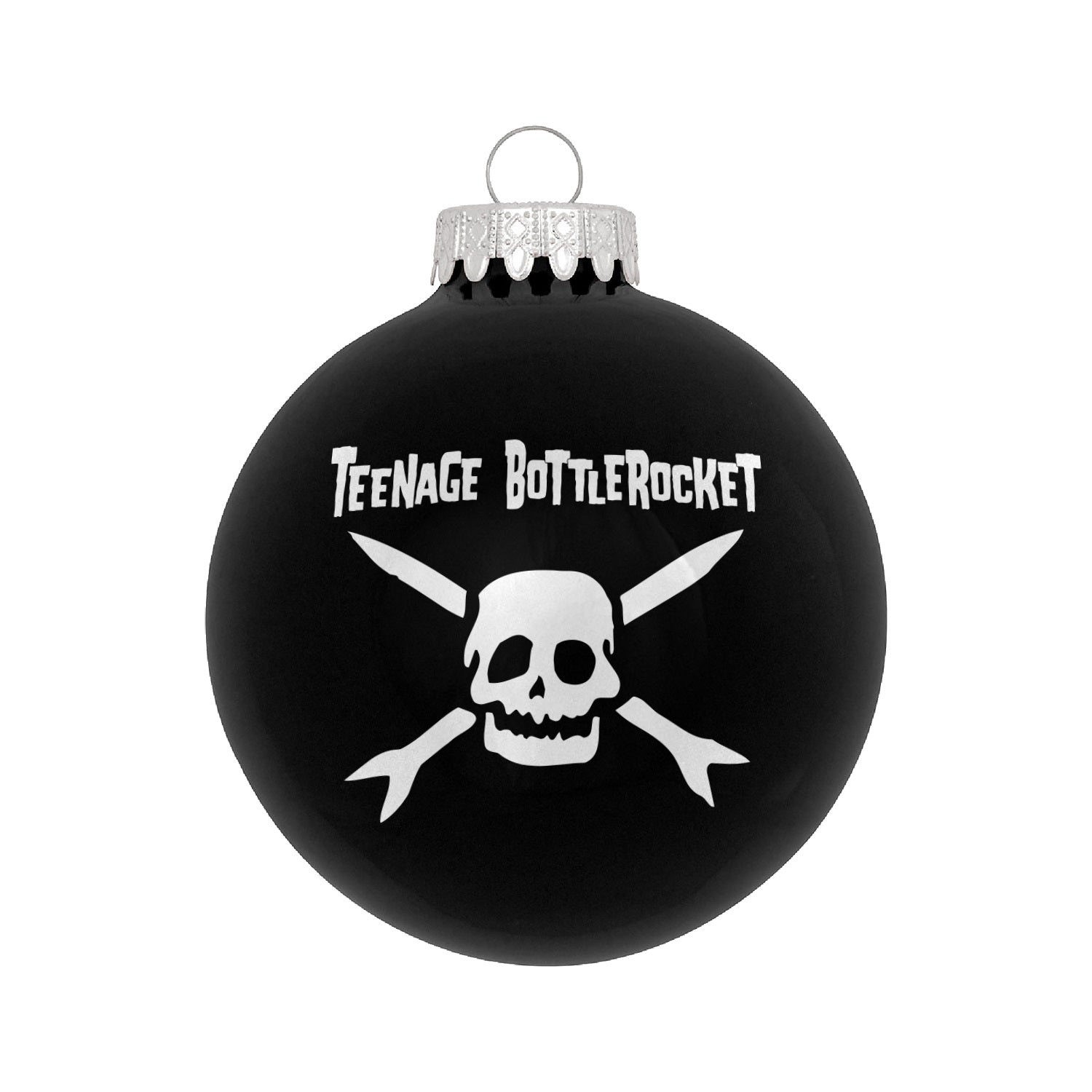 image of a black ball christmas ornament on a white background. ornament has white print of a skull and the words teenage bottlerocket at the top.