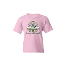 Load image into Gallery viewer, Image of a light pink tshirt against a white background. The center of the shirt has a colorful graphic of a raccoon sitting on top of a boombox. There is a rainbow with clouds at the end of the rainbow, shooting lightning bolts out. This is above the raccoon&#39;s head. Below the boombox in blue, pink, and yellow alternating colors are the words teenage bottlerocket. There are black music notes coming out of the sides of the boombox.
