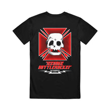 Load image into Gallery viewer, Image of the back of a black shirt against a white background. The back of the shirt features four red triangles with their top point all facing to the center, where there is a white skull head with red cross arrows on top of the triangles. Below this in red text it says teenage bottle rocket. below that in white text it says fat wreck chords.
