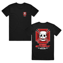 Load image into Gallery viewer, Image of the front and back of a black shirt against a white background. The left chest of the shirt features four red triangles with their top point all facing to the center, where there is a white skull head with red cross arrows on top of the triangles. Below this in red text it says teenage bottle rocket. below that in white text it says fat wreck chords. The back of the shirt features the same image, only larger and in the center of the shirt.

