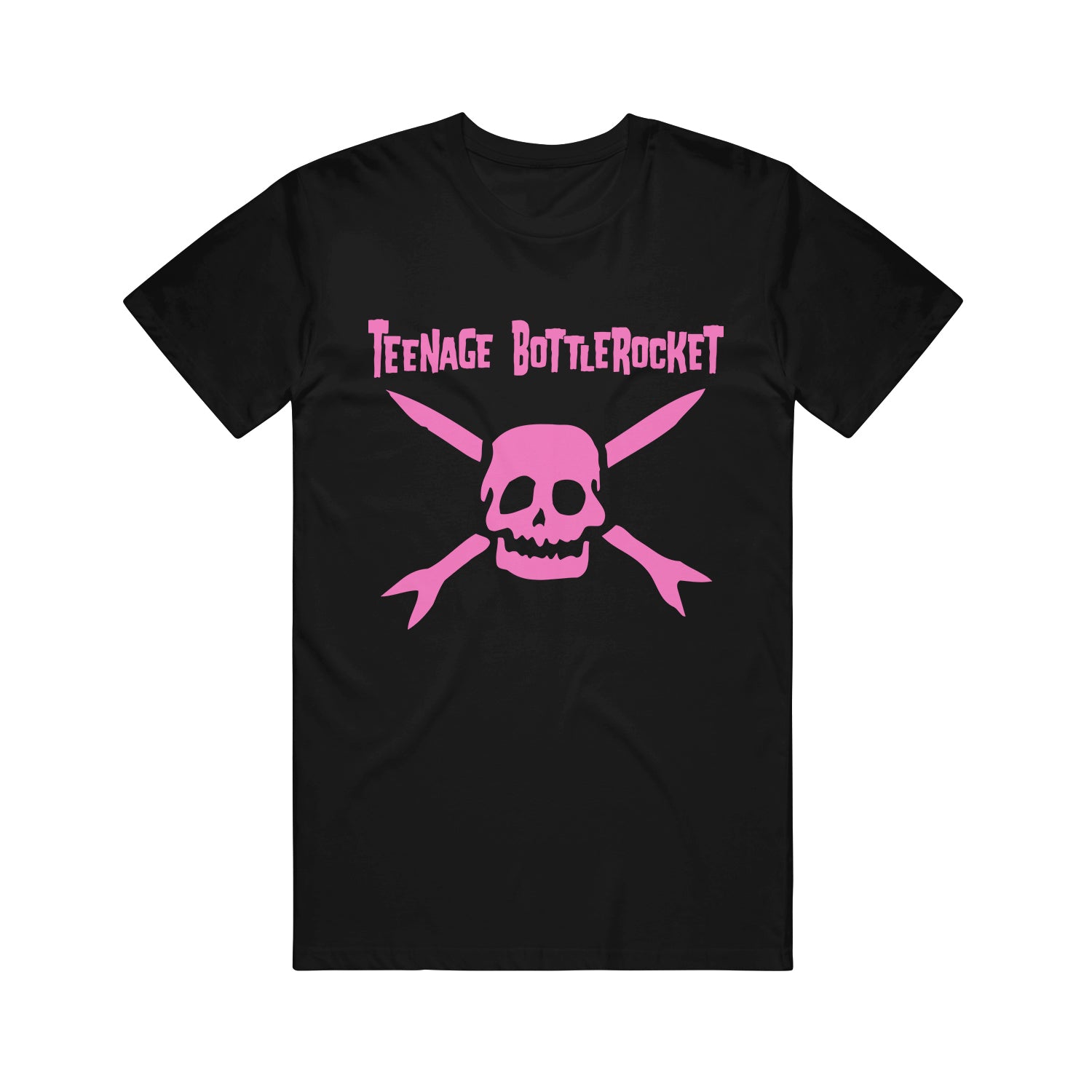 Image of a black tshirt against a white background. The center of the tshirt says teenage bottlerocket in pink text across the chest. Below that is a pink graphic of the teenage bottlerocket logo- a skull head with cross arrows.
