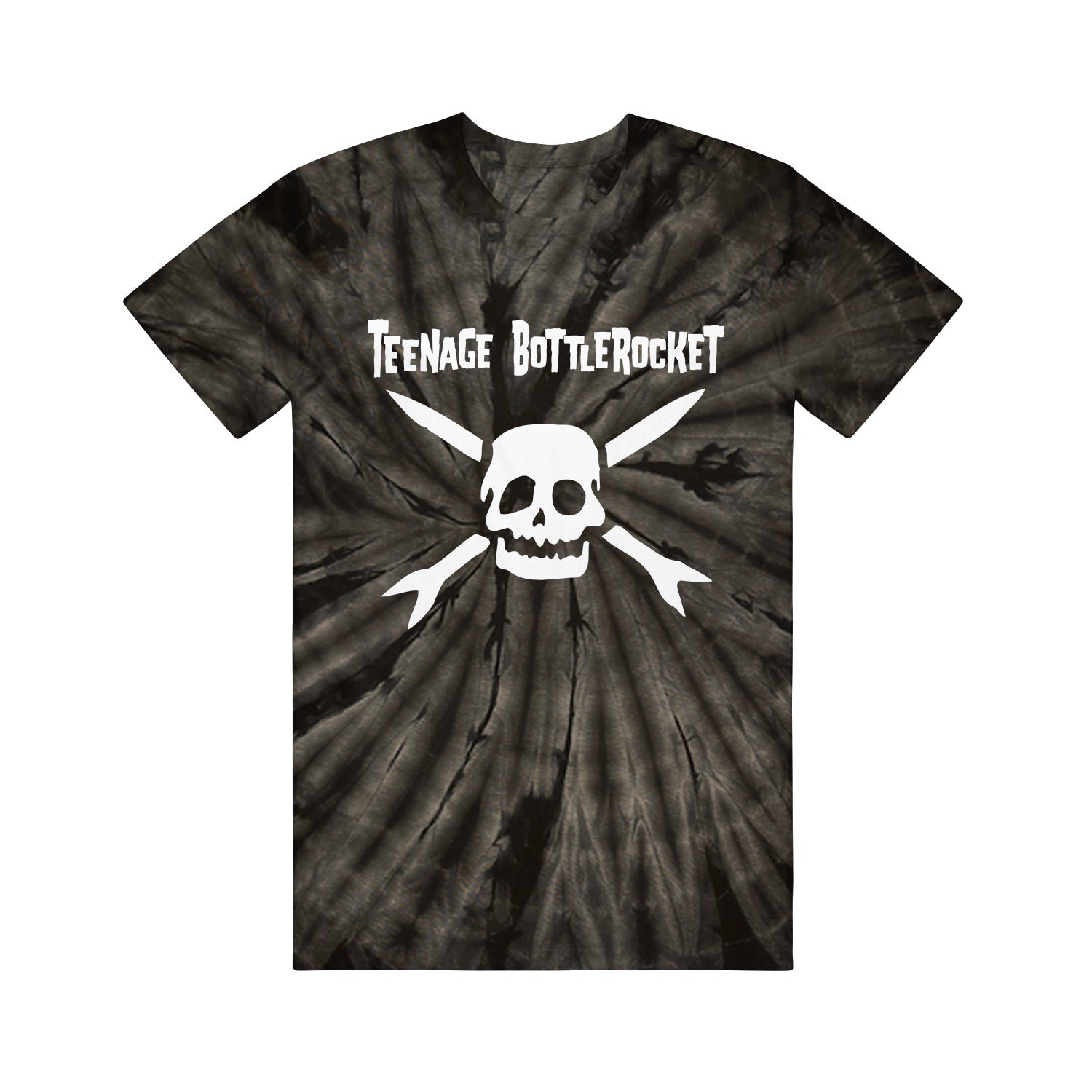 Image of a black tie dye tshirt against a white background. The center of the tshirt says teenage bottlerocket in white text across the chest. Below that is a white graphic of the teenage bottlerocket logo- a skull head with cross arrows.