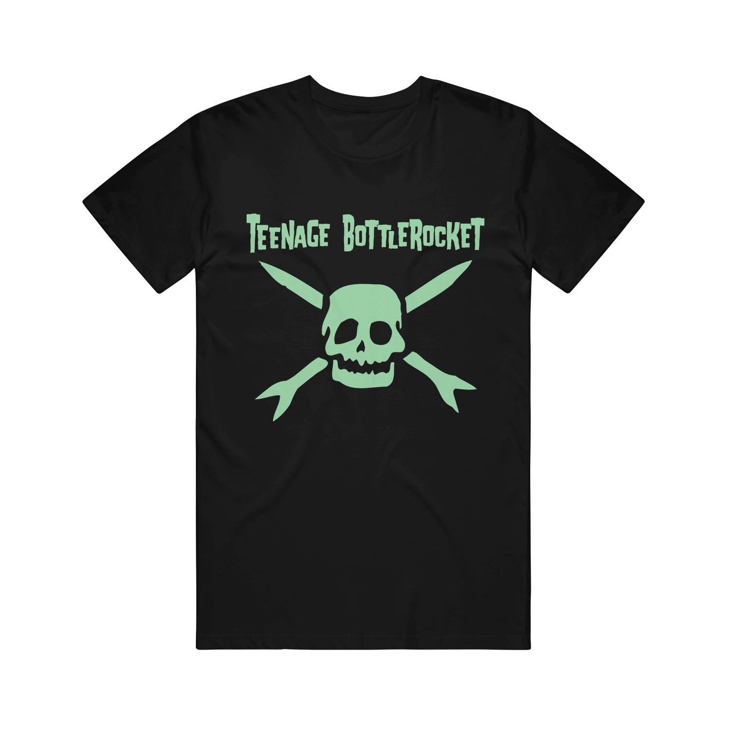 Image of a black tshirt against a white background. The center of the tshirt says teenage bottlerocket in mint text across the chest. Below that is a mint graphic of the teenage bottlerocket logo- a skull head with cross arrows.