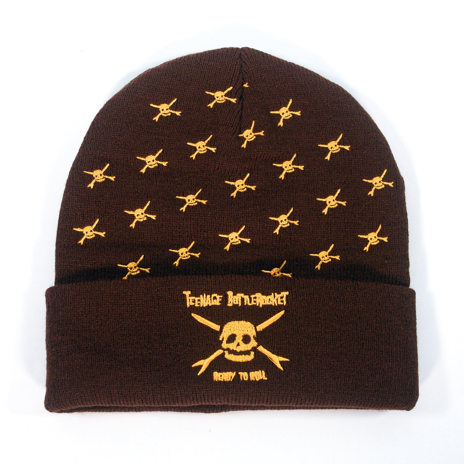 The Teenage Bottlerocket brown beanie features yellow skull and crossbones, “Teenage Bottlerocket Ready to Roll” above a large skull on the cuff—a must-have for fans.