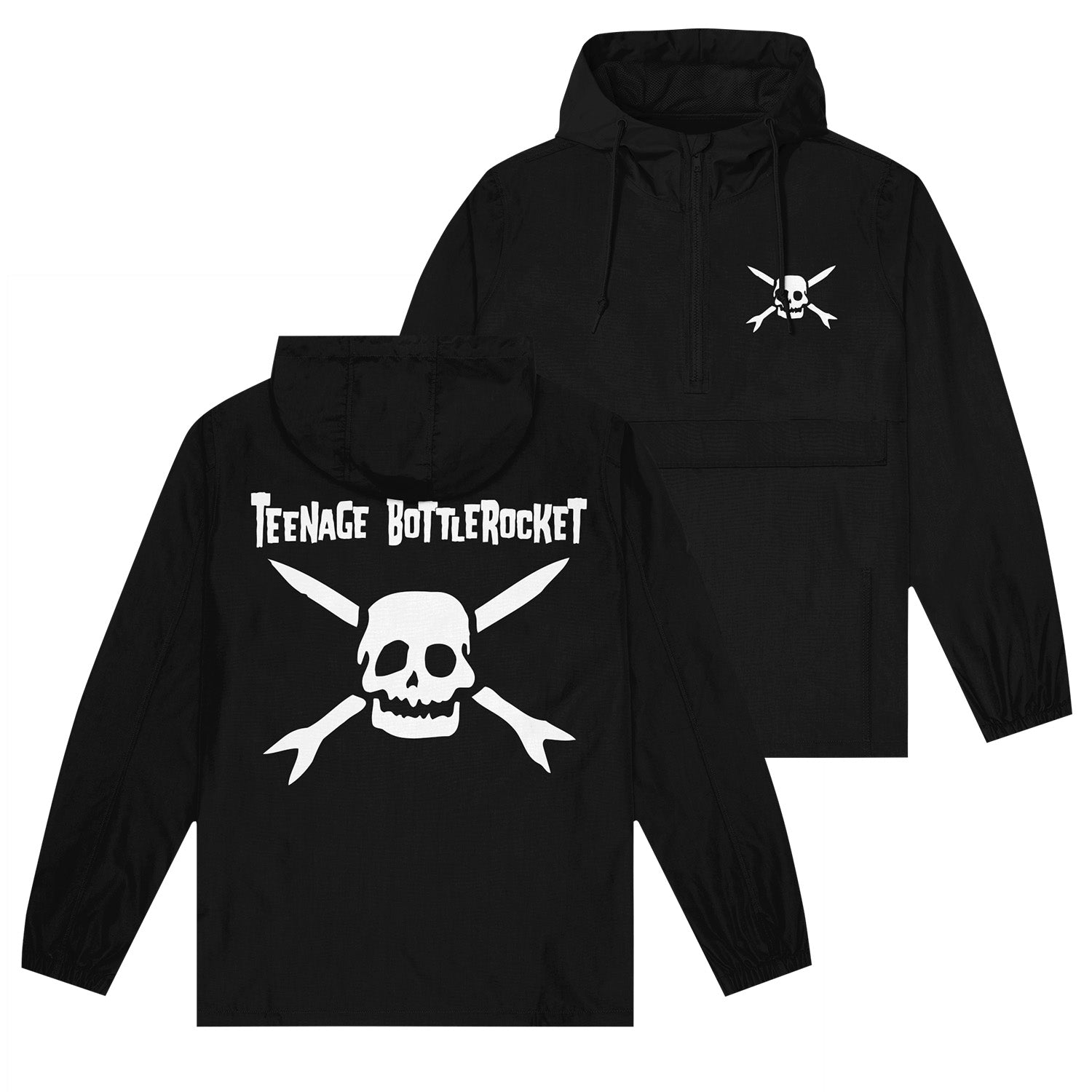 Teenage Bottlerocket black hooded windbreaker with bold white skull and crossed bones on the back, logo text above, and a smaller matching skull graphic on the front left chest.