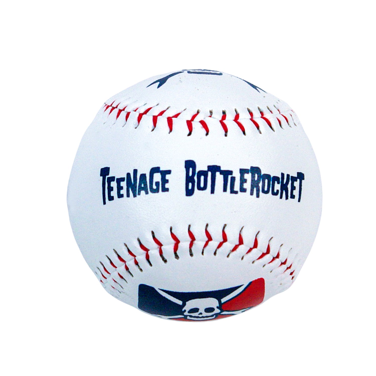 A white baseball with red stitching features Teenage Bottlerocket’s name and a black skull and crossbones logo on one side.