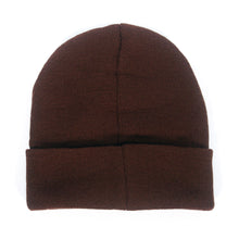 Load image into Gallery viewer, A plain brown knit beanie hat by Teenage Bottlerocket with a folded brim and subtle embroidery on the front, displayed flat on a white background.
