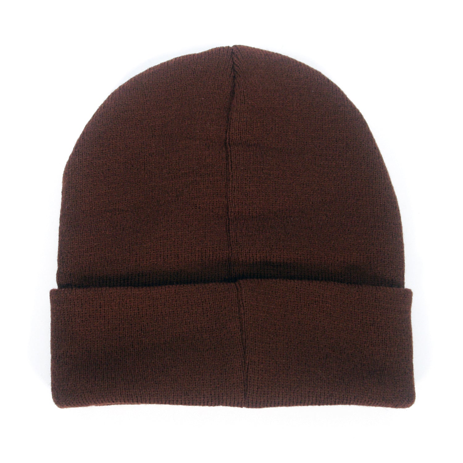 A plain brown knit beanie hat by Teenage Bottlerocket with a folded brim and subtle embroidery on the front, displayed flat on a white background.