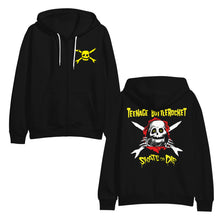 Load image into Gallery viewer, Image of the front and back of a black zip up sweatshirt against a white background. The left chest has the teenage bottlerocket logo in yellow- a skull head with cross arrows. The hoodie has white strings. The back of the hoodie says teenage bottlerocket across the shoulder area in yellow. Below that is an image of a skeleton&#39;s face that popped out of a red hole and it has its hands on the edges of it. There are cross arrows in white behind the skeleton. Below this is yellow text that says skate or die.
