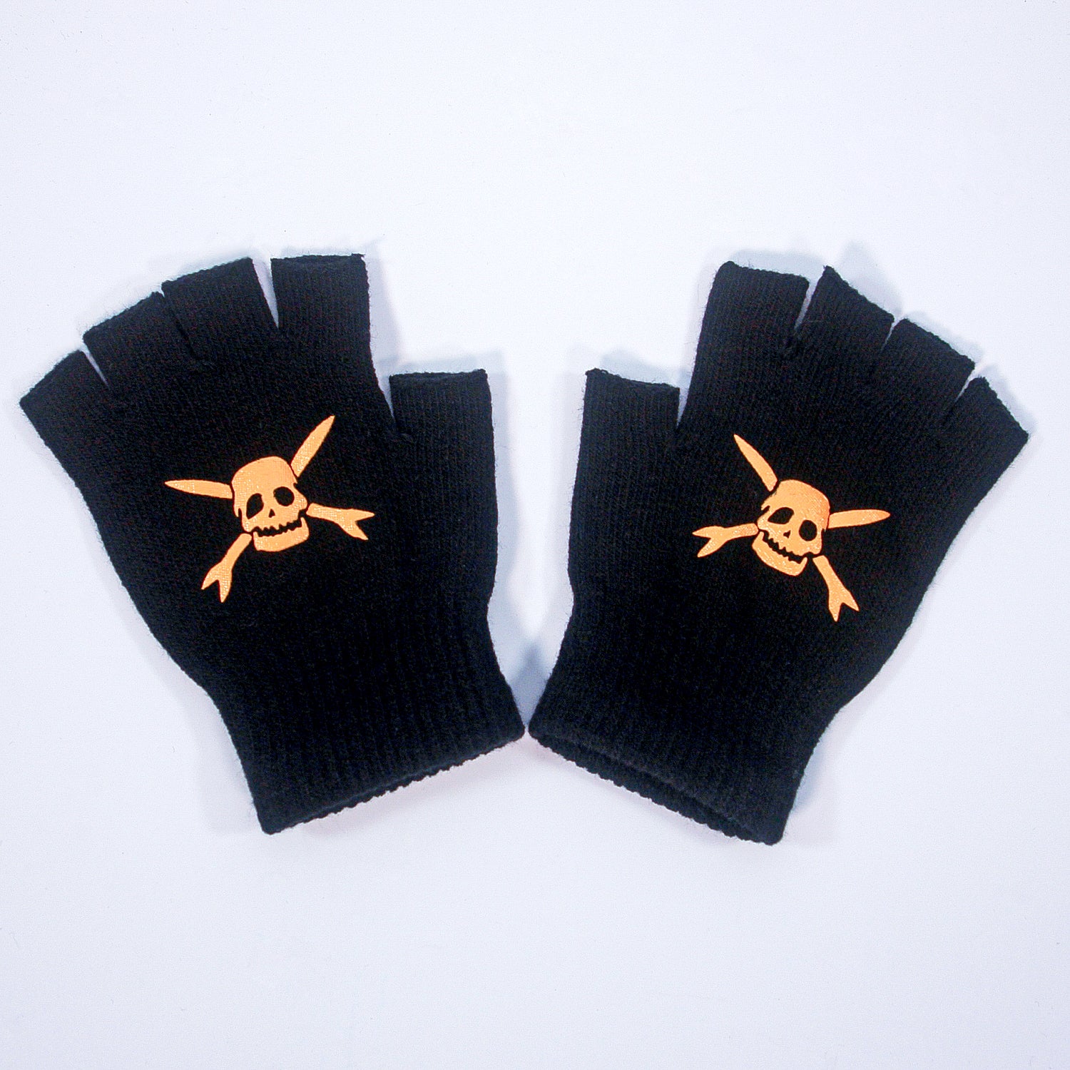 A pair of black Teenage Bottlerocket fingerless gloves featuring bold yellow skull and crossbones designs on the back, displayed flat on a white surface.