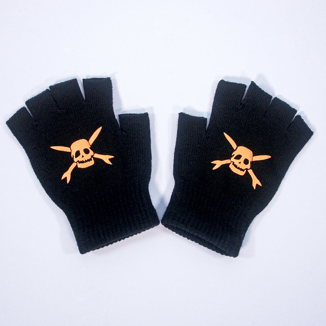 A pair of black Teenage Bottlerocket fingerless gloves featuring bold yellow skull and crossbones designs on the back, displayed flat on a white surface.