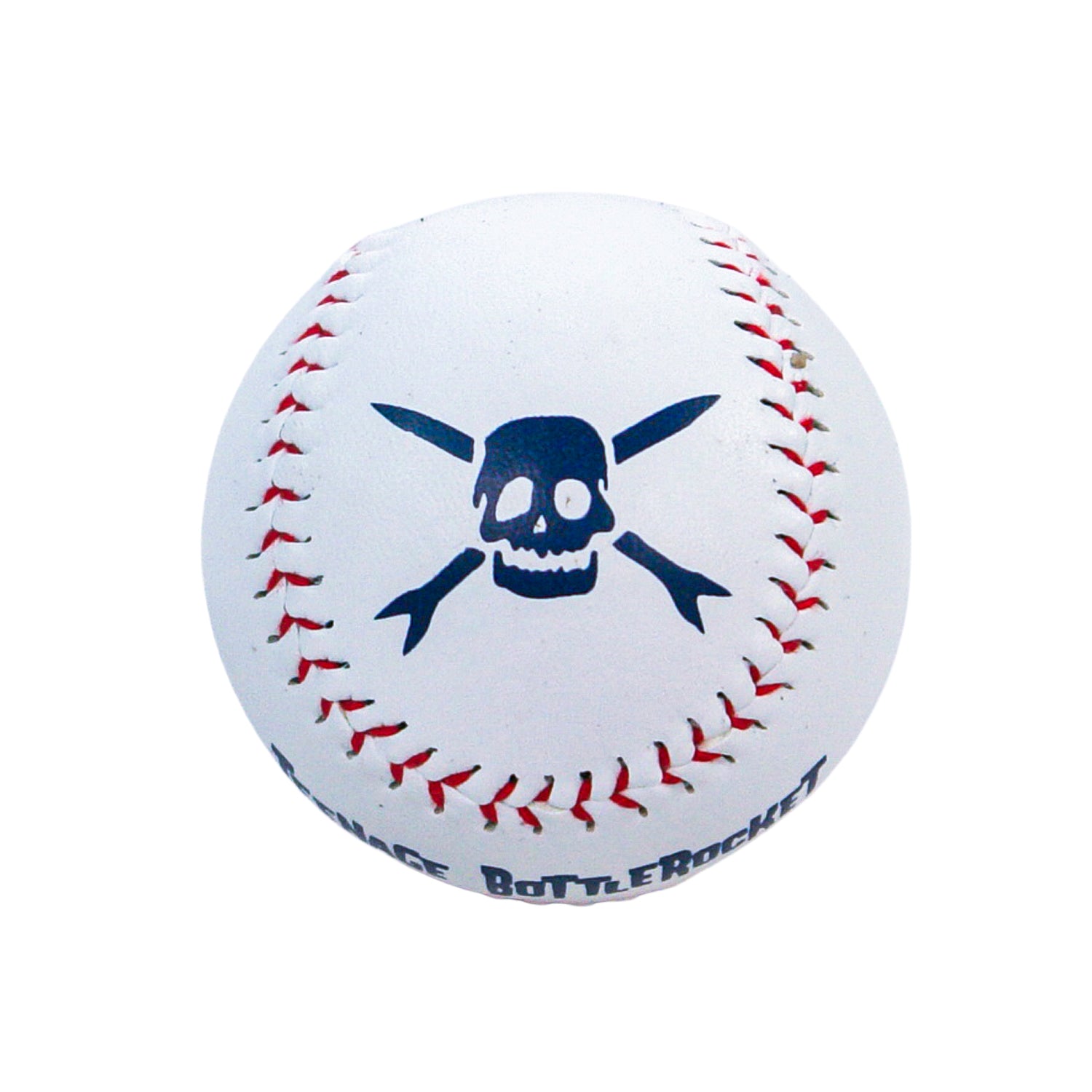 A white Teenage Bottlerocket baseball with red stitching displays a black skull and crossbones on the front and partial blue text along the bottom edge.