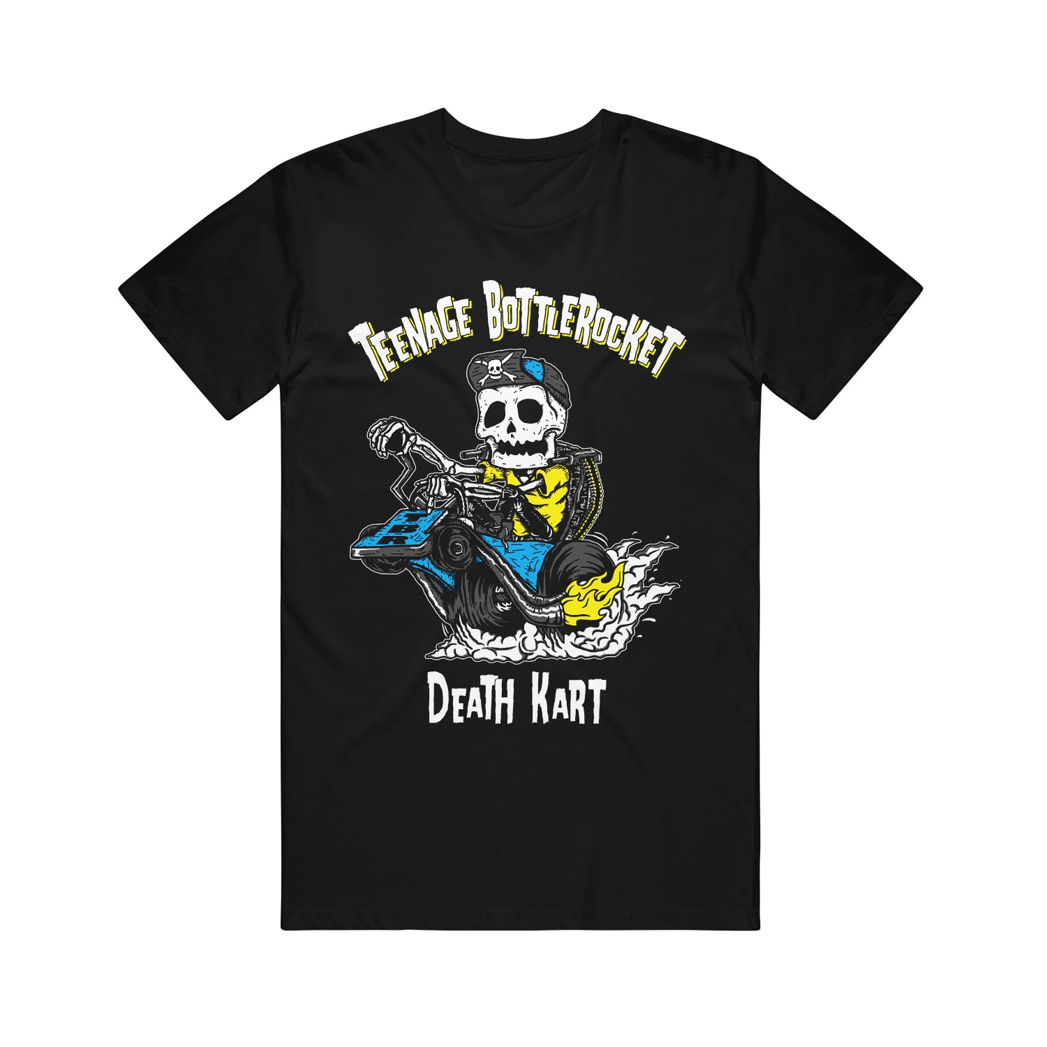 Image of a black tshirt against a white background. The tshirt says teenage bottlerocket across the chest in a half semi circle. Below that is a graphic of a pirate riding a blue gokart. The pirate has a yellow shirt and the gokart has a yellow flame coming out of it. Below this graphic it says Death kart in white text.  