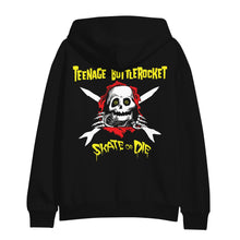 Load image into Gallery viewer, Image of the back of a black zip up sweatshirt against a white background. The back of the hoodie says teenage bottlerocket across the shoulder area in yellow. Below that is an image of a skeleton&#39;s face that popped out of a red hole and it has its hands on the edges of it. There are cross arrows in white behind the skeleton. Below this is yellow text that says skate or die.
