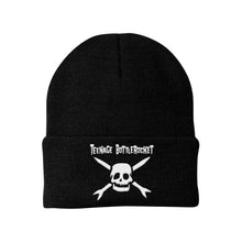 Load image into Gallery viewer, image of a black winter beanie on a white background. beanie has white embroidery on the front cuff of a skull and teenage bottlerocket above it
