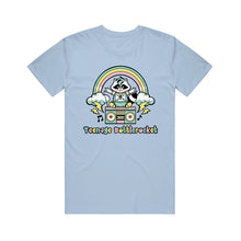 Load image into Gallery viewer, Image of a light blue tshirt against a white background. The center of the shirt has a colorful graphic of a raccoon sitting on top of a boombox. There is a rainbow with clouds at the end of the rainbow, shooting lightning bolts out. This is above the raccoon&#39;s head. Below the boombox in blue, pink, and yellow alternating colors are the words teenage bottlerocket. There are black music notes coming out of the sides of the boombox. 

