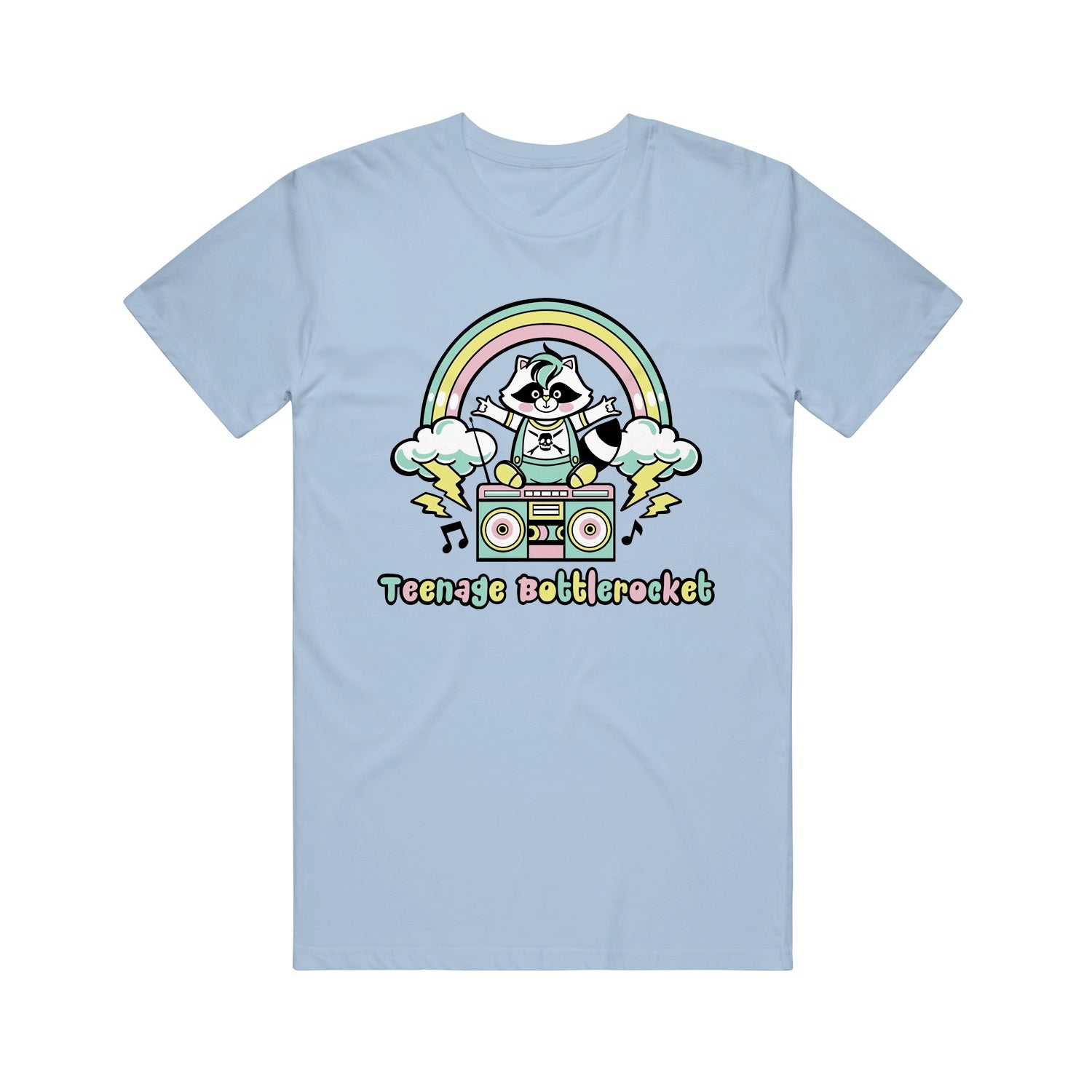 Image of a light blue tshirt against a white background. The center of the shirt has a colorful graphic of a raccoon sitting on top of a boombox. There is a rainbow with clouds at the end of the rainbow, shooting lightning bolts out. This is above the raccoon's head. Below the boombox in blue, pink, and yellow alternating colors are the words teenage bottlerocket. There are black music notes coming out of the sides of the boombox. 