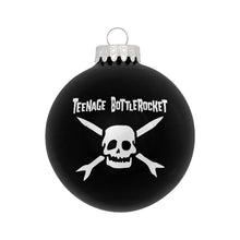 Load image into Gallery viewer, image of a black ball christmas ornament on a white background. ornament has white print of a skull and the words teenage bottlerocket at the top.
