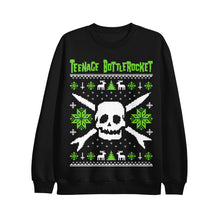 Load image into Gallery viewer, image of a black crewneck sweatshirt on a white background. crewneck has a skull in the center with snow flakes, reindeer and trees surrounding it in the style of a Christmas sweater. at the top says teenage bottlerocket
