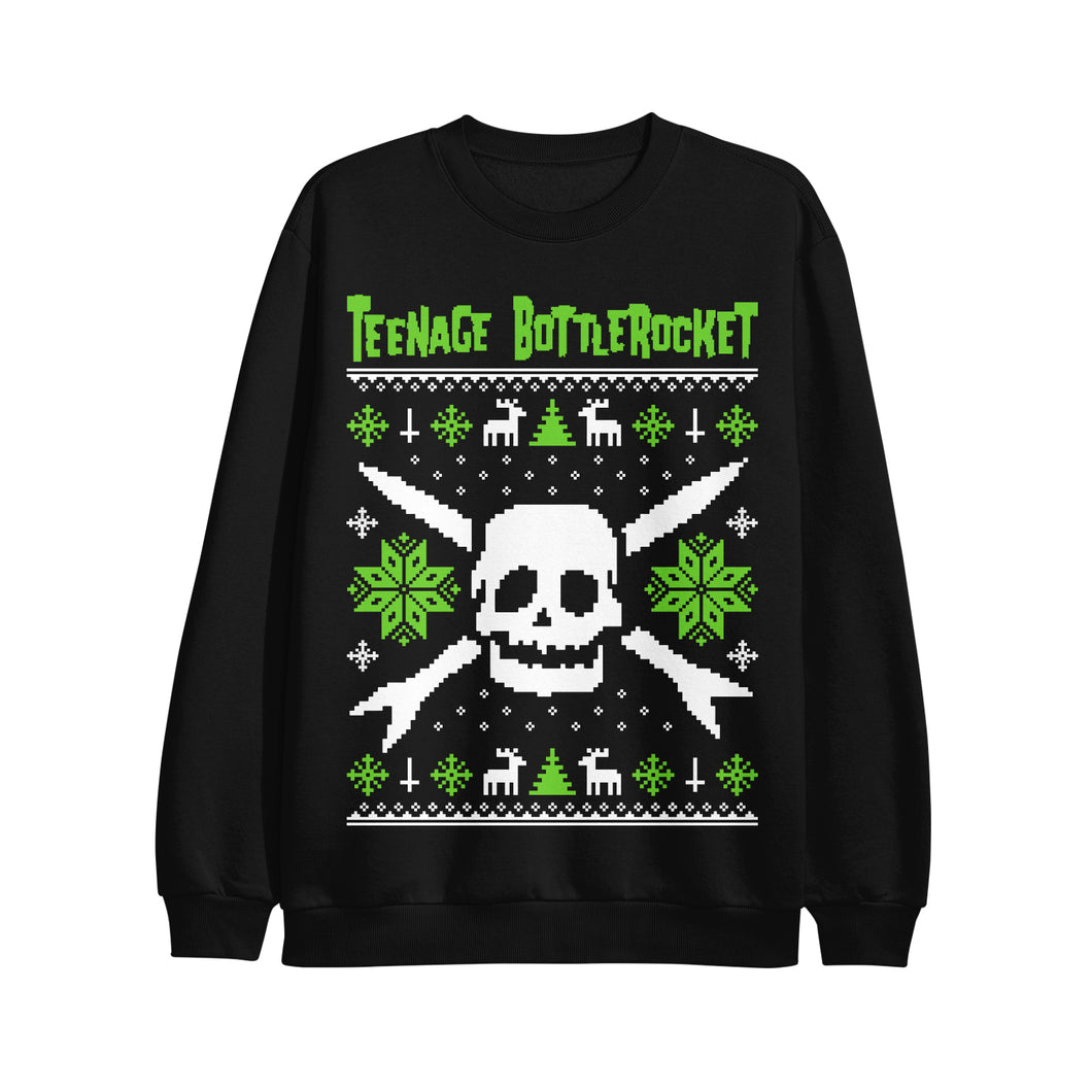image of a black crewneck sweatshirt on a white background. crewneck has a skull in the center with snow flakes, reindeer and trees surrounding it in the style of a Christmas sweater. at the top says teenage bottlerocket