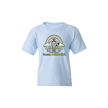 Load image into Gallery viewer, Image of a light blue tshirt against a white background. The center of the shirt has a colorful graphic of a raccoon sitting on top of a boombox. There is a rainbow with clouds at the end of the rainbow, shooting lightning bolts out. This is above the raccoon&#39;s head. Below the boombox in blue, pink, and yellow alternating colors are the words teenage bottlerocket. There are black music notes coming out of the sides of the boombox.
