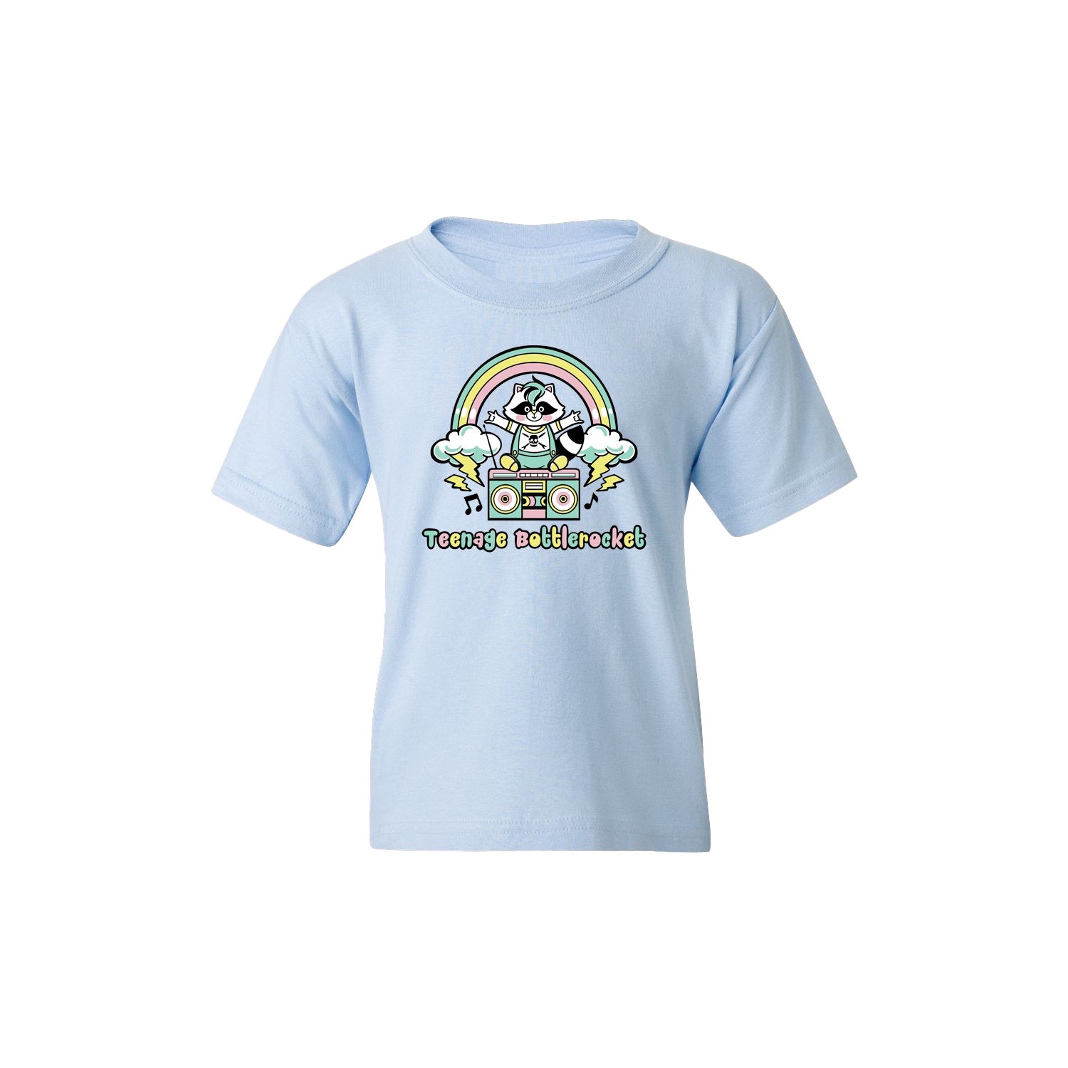 Image of a light blue tshirt against a white background. The center of the shirt has a colorful graphic of a raccoon sitting on top of a boombox. There is a rainbow with clouds at the end of the rainbow, shooting lightning bolts out. This is above the raccoon's head. Below the boombox in blue, pink, and yellow alternating colors are the words teenage bottlerocket. There are black music notes coming out of the sides of the boombox.