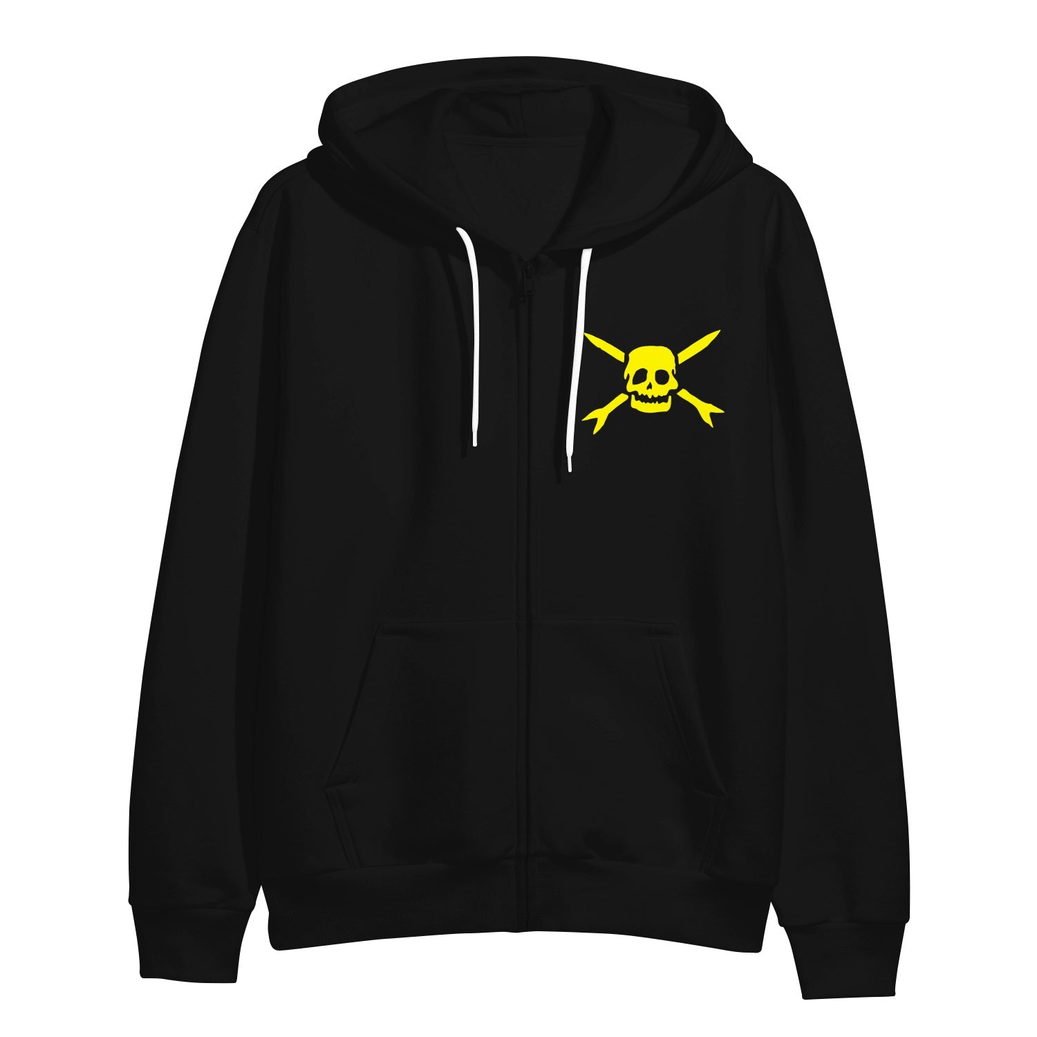 Image of the front of a black zip up sweatshirt against a white background. The left chest has the teenage bottlerocket logo in yellow- a skull head with cross arrows. The hoodie has white strings. 