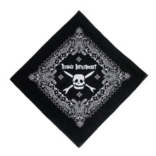 Load image into Gallery viewer, Image of a black bandana against a white background. The bandana says teenage bottlerocket in the center of it in white, and below that is their logo of a white skull head with cross arrows. Surrounding this image is a paisley pattern in white.
