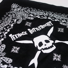 Load image into Gallery viewer, Up close Image of a black bandana against a white background. The bandana says teenage bottlerocket in the center of it in white, and below that is their logo of a white skull head with cross arrows. Surrounding this image is a paisley pattern in white.

