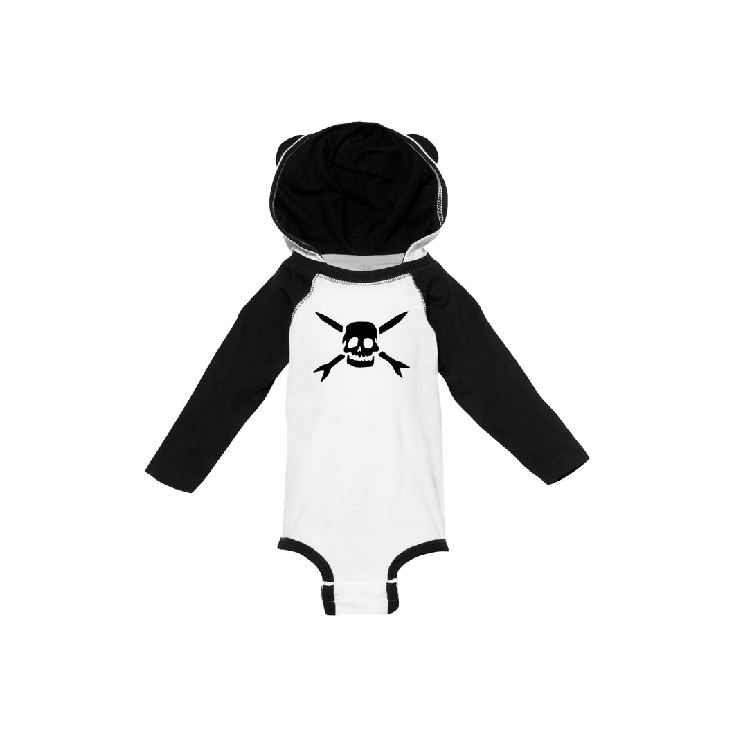 Photo of a black and white baby onesie against a white background. The onesie has black long sleeves, a white body section, and black cuffs for the leg section of the onesie. There is a black hood attached to the onesie. the center chest of the onesie features the teenage bottlerocket logo of a skull face with cross arrows in black.