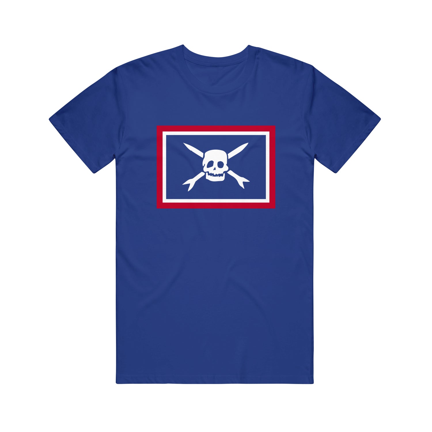 Image of a blue tshirt against a white background. In the center of the tshirt is a horizontal rectangle that has a red outline with a white outline on the inside of it. the rest of the rectangle matches the color of the shirt. Inside the rectangle is the white teenage bottlerocket logo of a skull head with cross arrows.