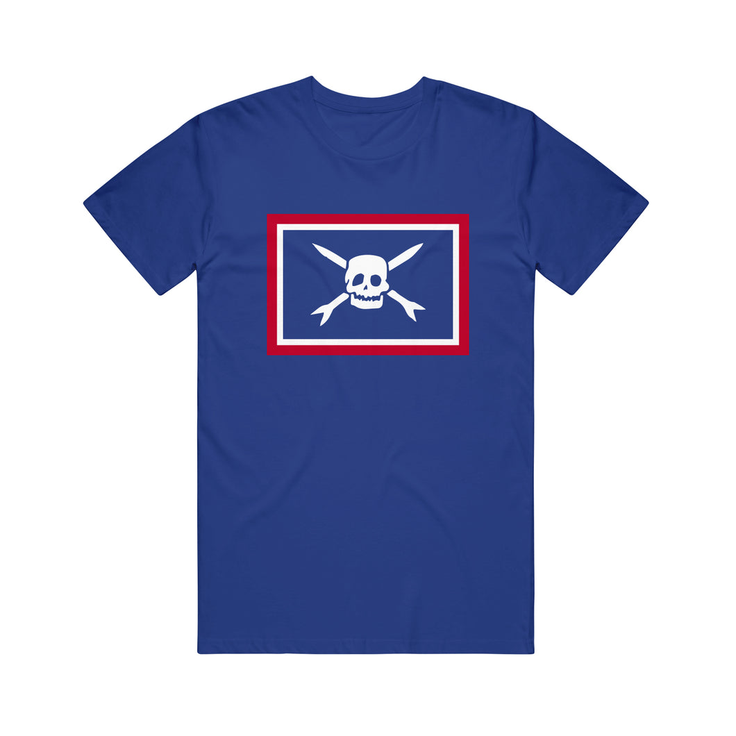 Image of a blue tshirt against a white background. In the center of the tshirt is a horizontal rectangle that has a red outline with a white outline on the inside of it. the rest of the rectangle matches the color of the shirt. Inside the rectangle is the white teenage bottlerocket logo of a skull head with cross arrows.