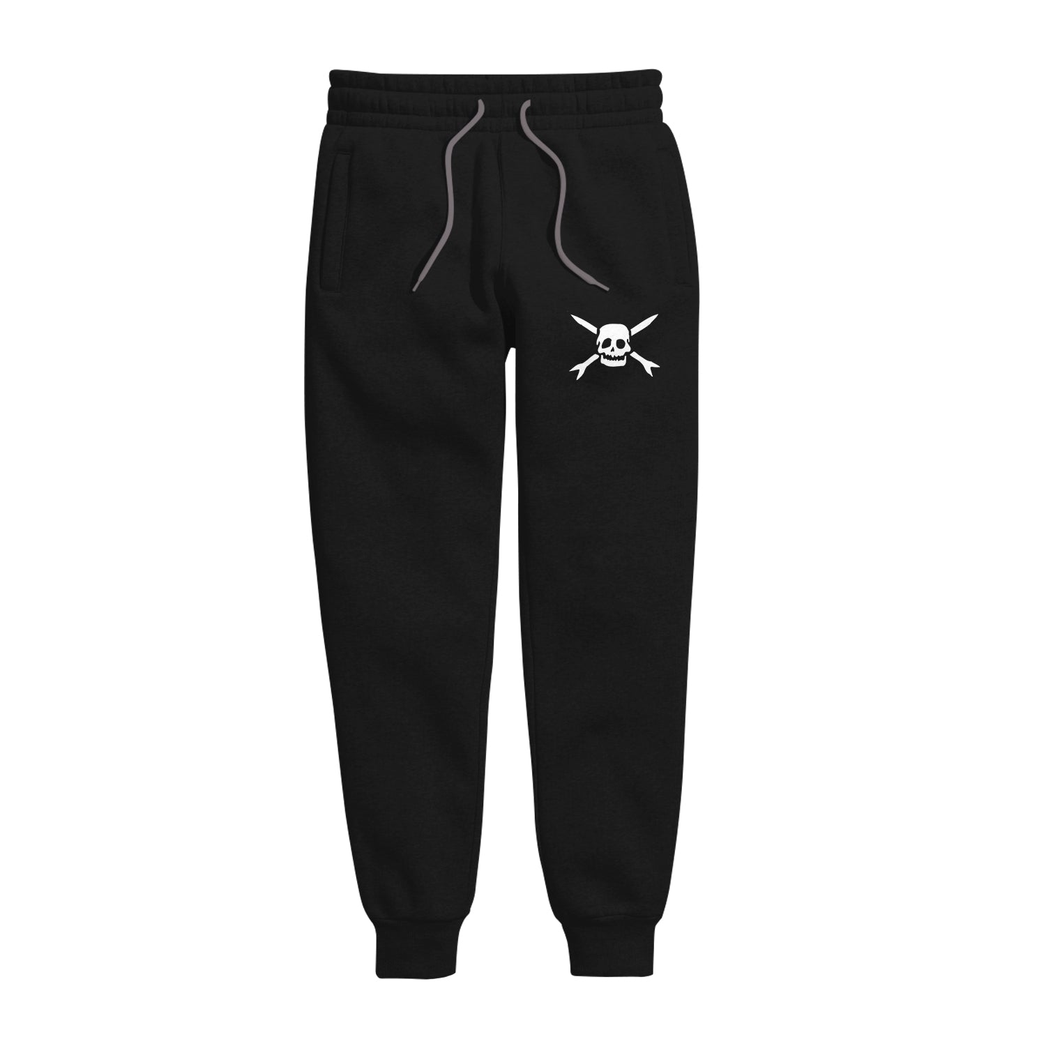 Photo of black jogger pants against a white background. The strings are a white/grey color. The left upper thigh features the teenage bottlerocket logo in white. The logo is a skull head with cross arrows.