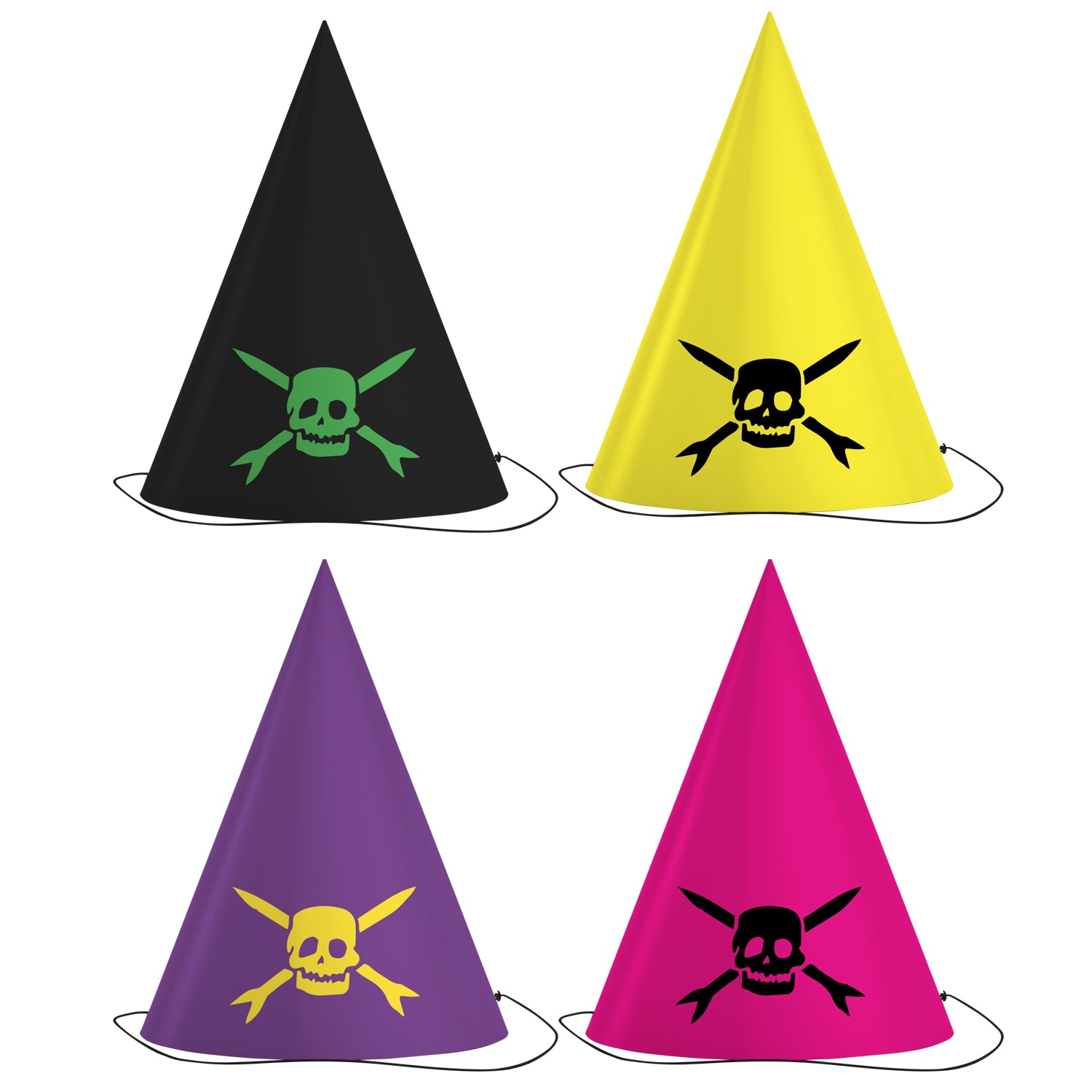 Image of four party hats with the teenage bottlerocket skull head with cross arrows on it. One hat is black with the green logo, one is yellow with a black logo, another is purple with a yellow logo, and the fourth hat is pink with a black logo.