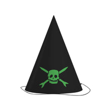 Load image into Gallery viewer, Image of a black party hat with a green teenage bottle rocket logo. The logo is a skull head with cross arrows.
