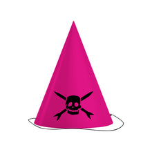 Load image into Gallery viewer,  Image of a pink party hat with a black teenage bottle rocket logo. The logo is a skull head with cross arrows.
