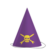 Load image into Gallery viewer, Image of a purple party hat with a yellow teenage bottle rocket logo. The logo is a skull head with cross arrows.

