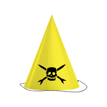 Load image into Gallery viewer,   Image of a yellow party hat with a black teenage bottle rocket logo. The logo is a skull head with cross arrows.
