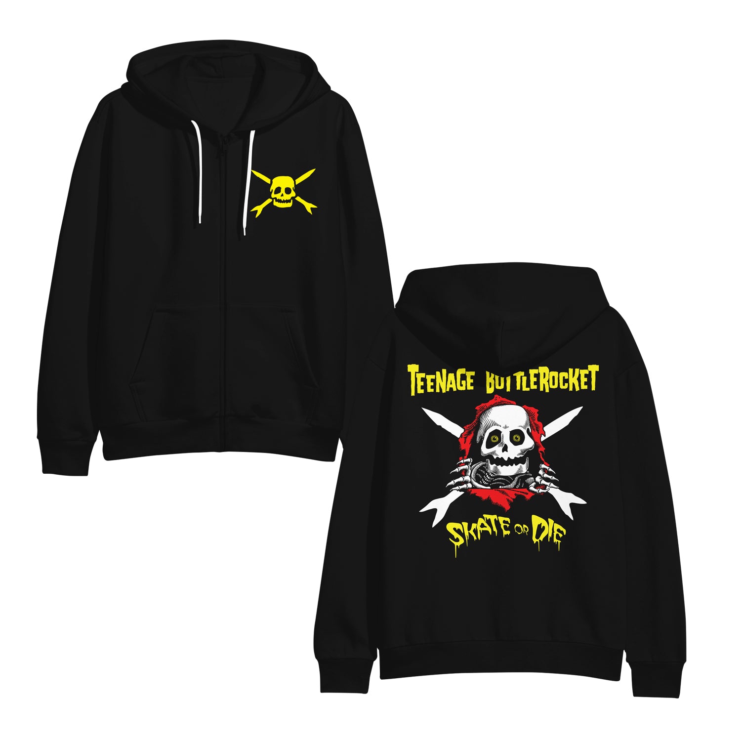Image of the front and back of a black zip up sweatshirt against a white background. The left chest has the teenage bottlerocket logo in yellow- a skull head with cross arrows. The hoodie has white strings. The back of the hoodie says teenage bottlerocket across the shoulder area in yellow. Below that is an image of a skeleton's face that popped out of a red hole and it has its hands on the edges of it. There are cross arrows in white behind the skeleton. Below this is yellow text that says skate or die.