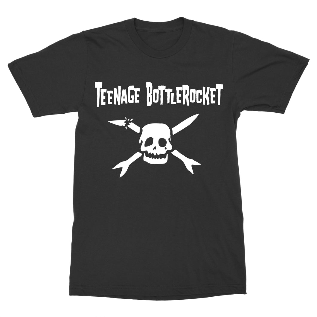 image of a black tee shirt on a white background. tee has center print in white of a broken skull and cross bones. at the top says teenage bottlerocket