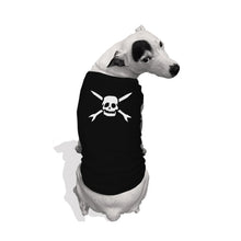 Load image into Gallery viewer, Image of a white dog with black spots on its nose, eye and ear with its back to the camera, head turned to look at the camera. The background is white. The dog is wearing a black dog tank top that features the teenage bottlerocket logo of a skull head with cross arrows in white.
